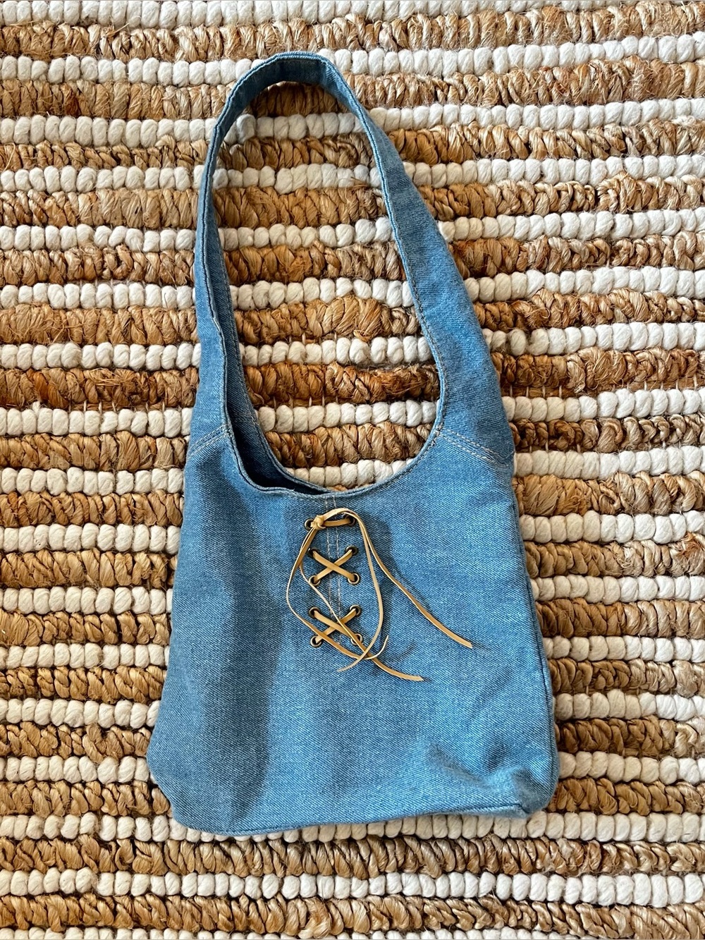 Y2K light Blue Denim Shoulder mini Bag with Lace-Up Detail